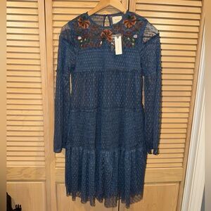 Anthropologie Maeve NWT Samara Floral Embroidered Dress Blue Long Sleeve Size XS